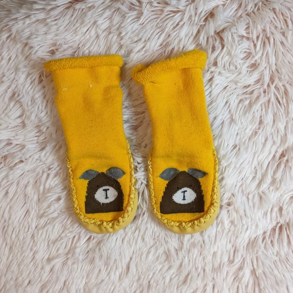 Unbranded Non-Slip Toddler Fleece Socks with Faux Leather binding Yellow Bear OS